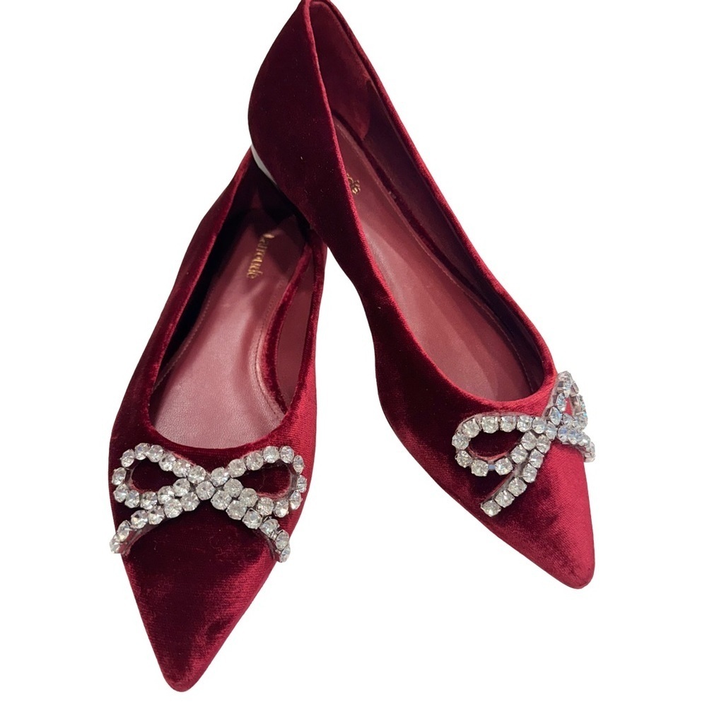 Larroude Lee pointed toe velvet Crystal bow Ballet flats in wine 7.5 NEW